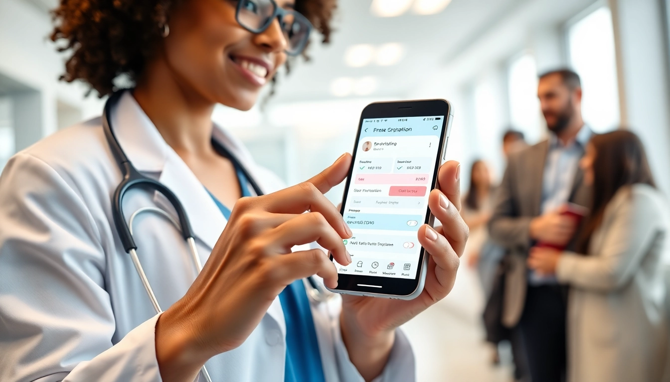 Healthcare provider using eprescription apps for android in a modern clinic for enhanced efficiency.