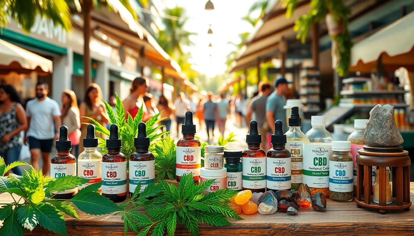 Engaging CBD Miami market scene with vibrant products displayed outdoors.