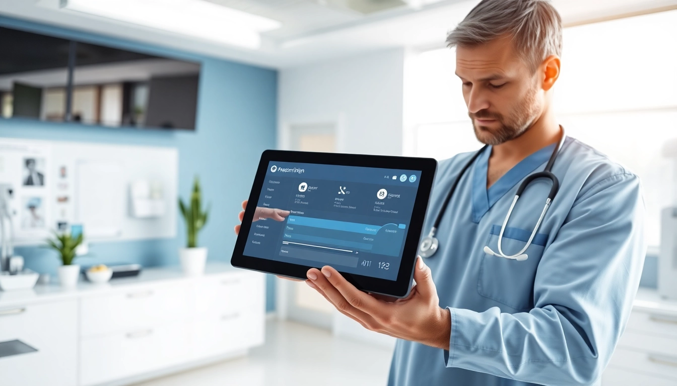 Healthcare professional using an eprescribing platform on a tablet in a modern clinic.
