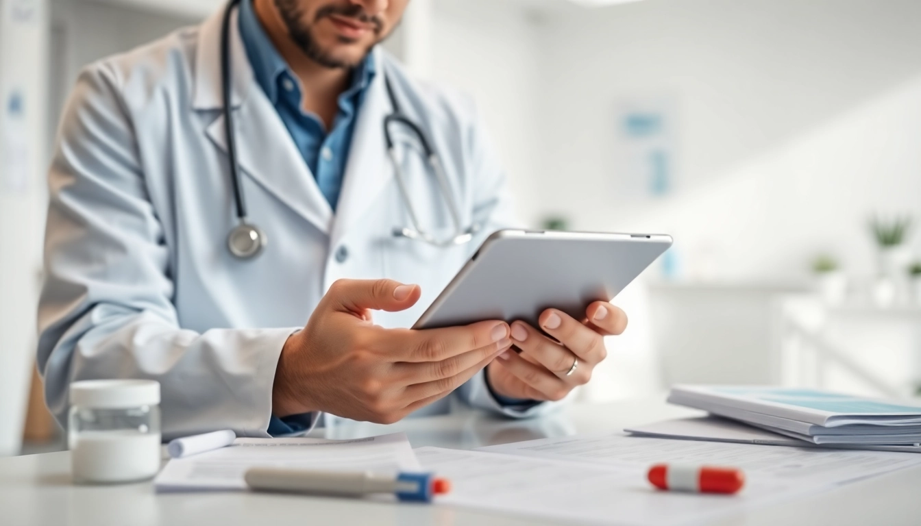 Doctor utilizing eprescription apps for android on a tablet in a bright clinic.
