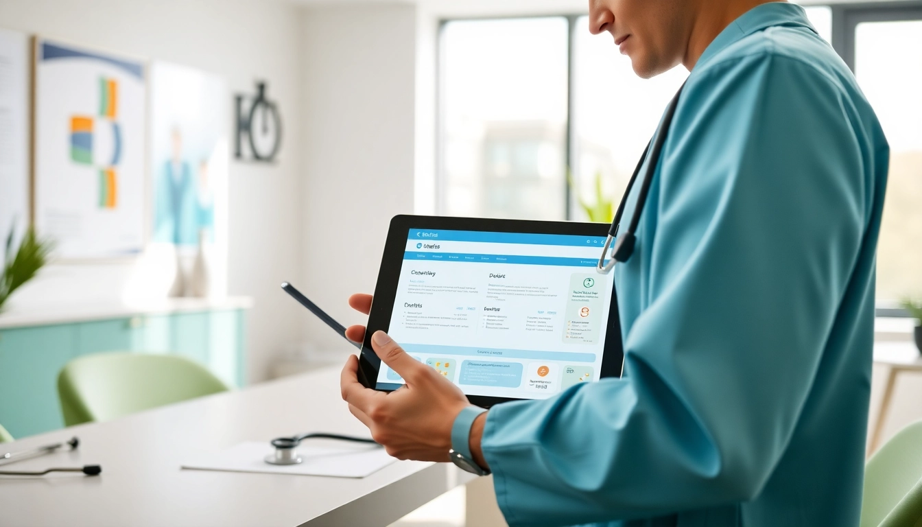 Doctor using eprescribing platforms on a tablet in a modern clinic environment.
